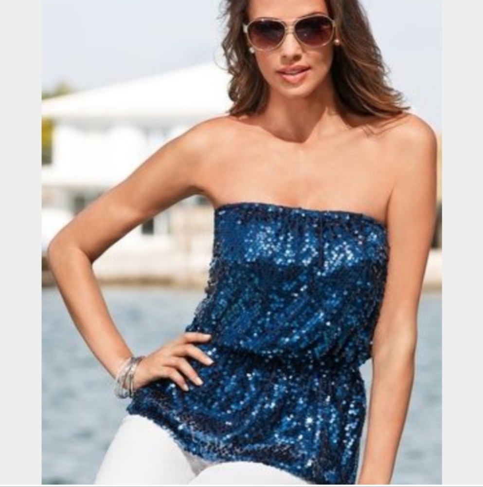 NEW Boston Proper Blue Sequin Strapless Top M